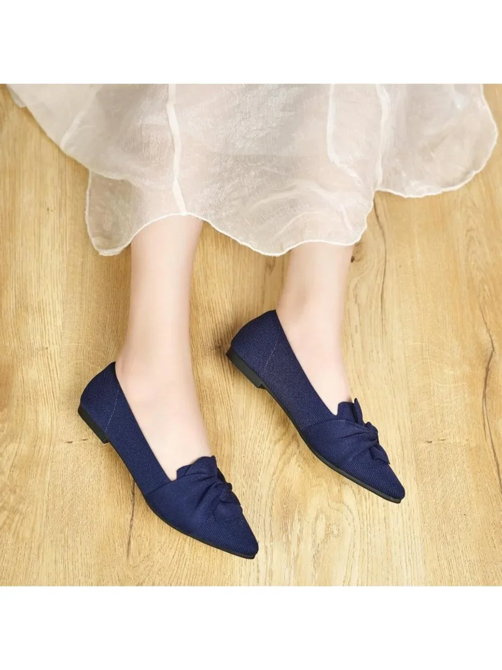 Women's Navy Pointed Toe Ballet Flats with Bow Comfortable Knit Dressy Shoes